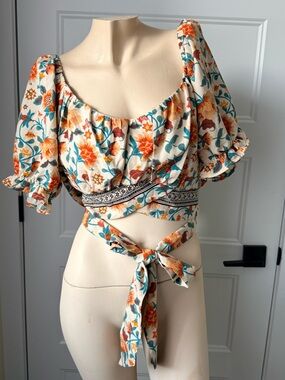 Floral Wrap Crop Top - Cream with Orange & Teal